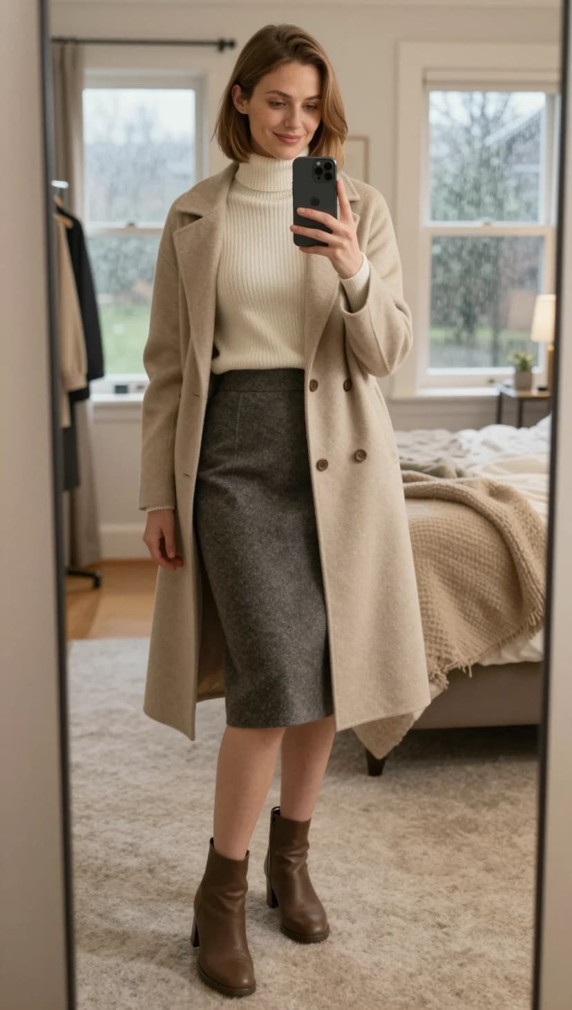 Grey Ribbed Turtleneck Sweater + Charcoal Pencil Skirt + Beige Double-Breasted Coat + Brown Leather Ankle Boots