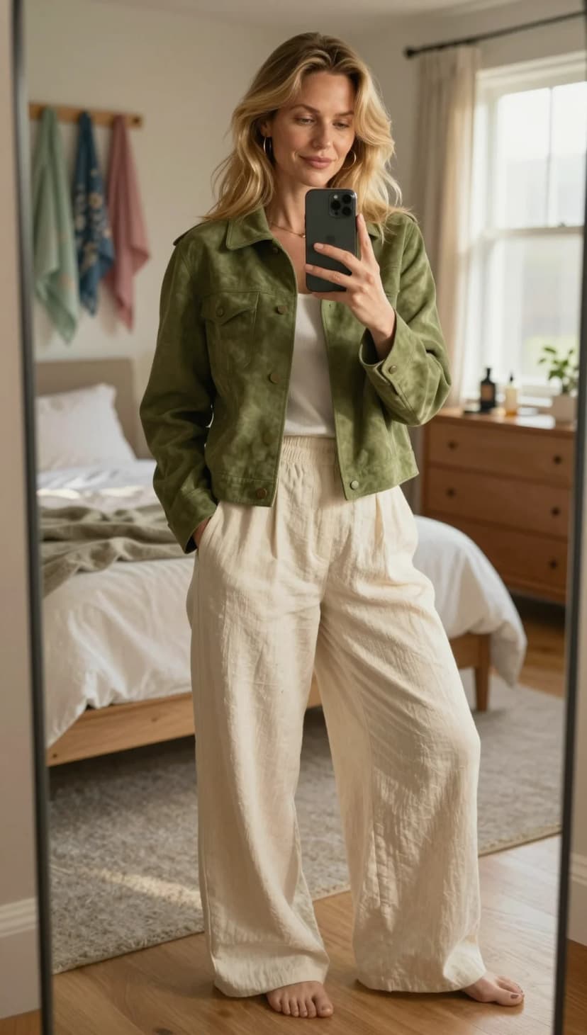 Olive Suede Cropped Jacket + Cream Linen Wide-Leg Trousers + Tan Suede Loafers