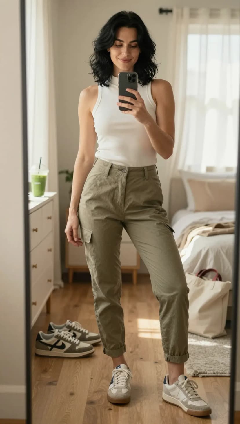 Beige Mock Neck Long Sleeve Top + Khaki Cargo Pants