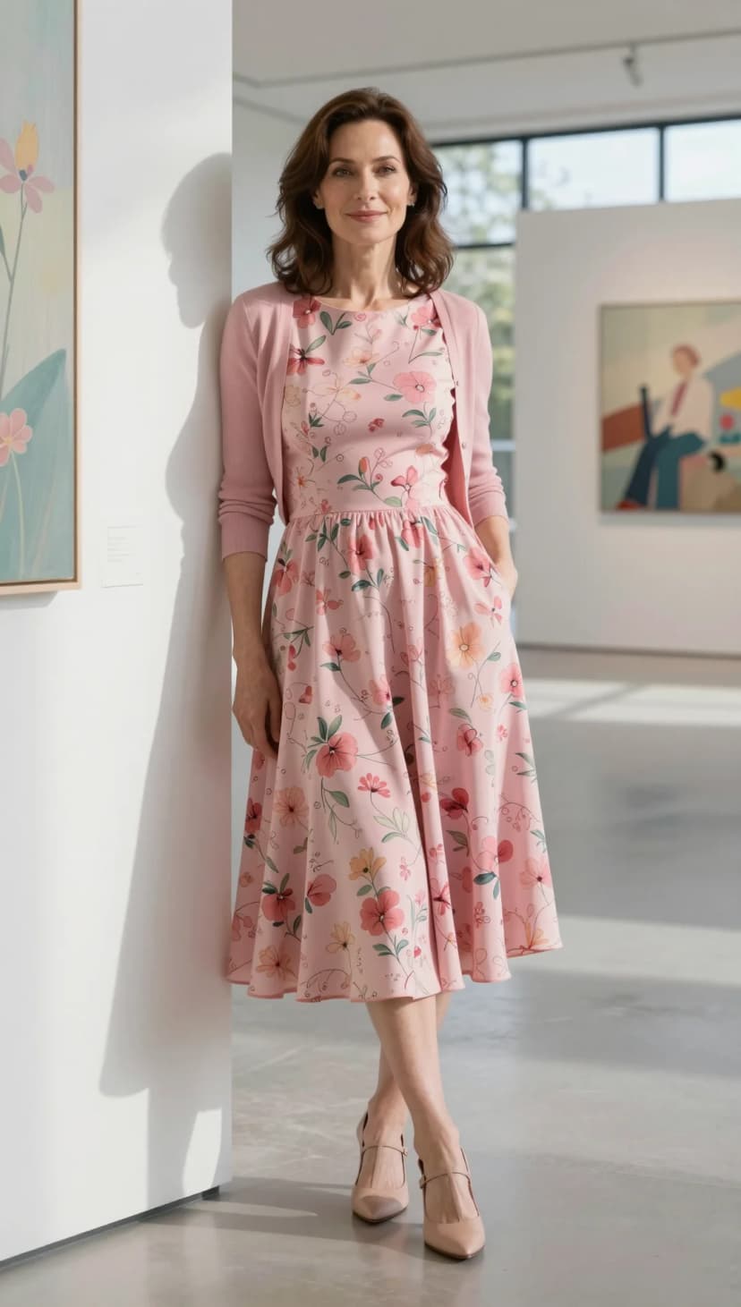 Pink Floral Midi Dress + Beige Cardigan