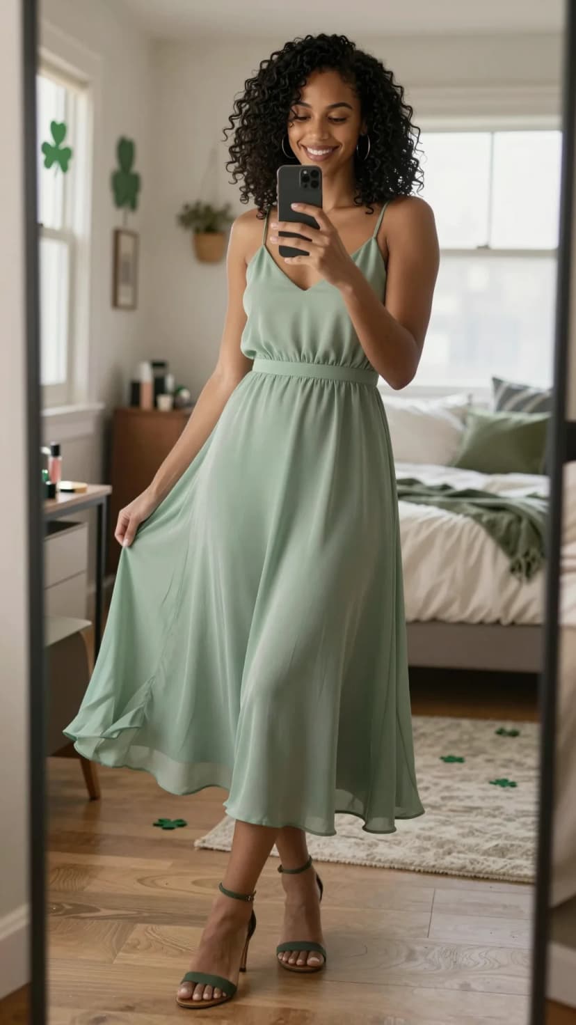 Sage Chiffon Midi Dress + Brown Block Heel Sandals