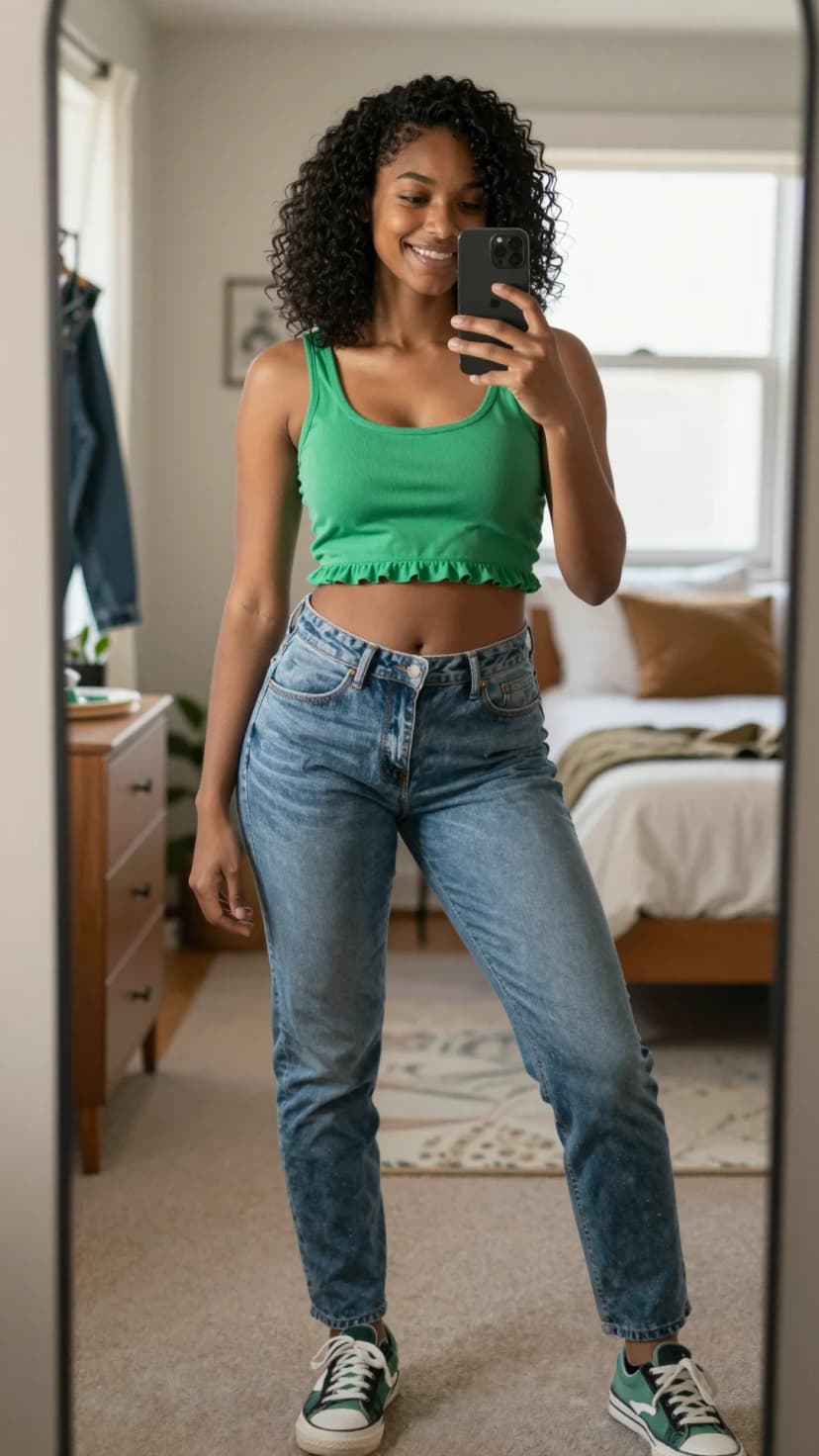 Lime Ribbed Crop Top + Light Wash Straight Leg Jeans + Green and White Sneakers
