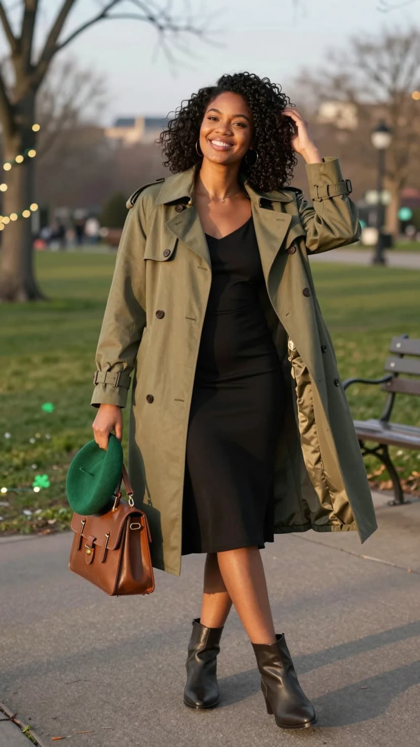 Olive Trench Coat + Black Slip Dress + Brown Leather Boots