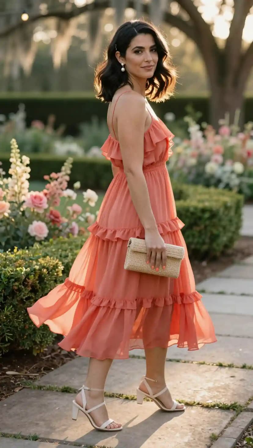 Coral Ruffled Tiered Midi Dress