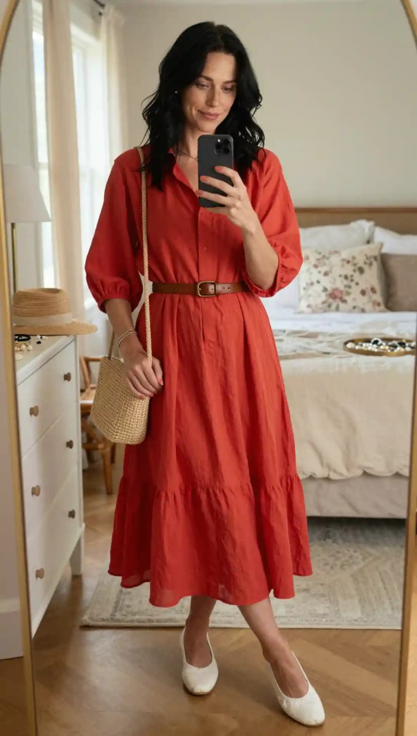 Orange Button-Front Midi Dress