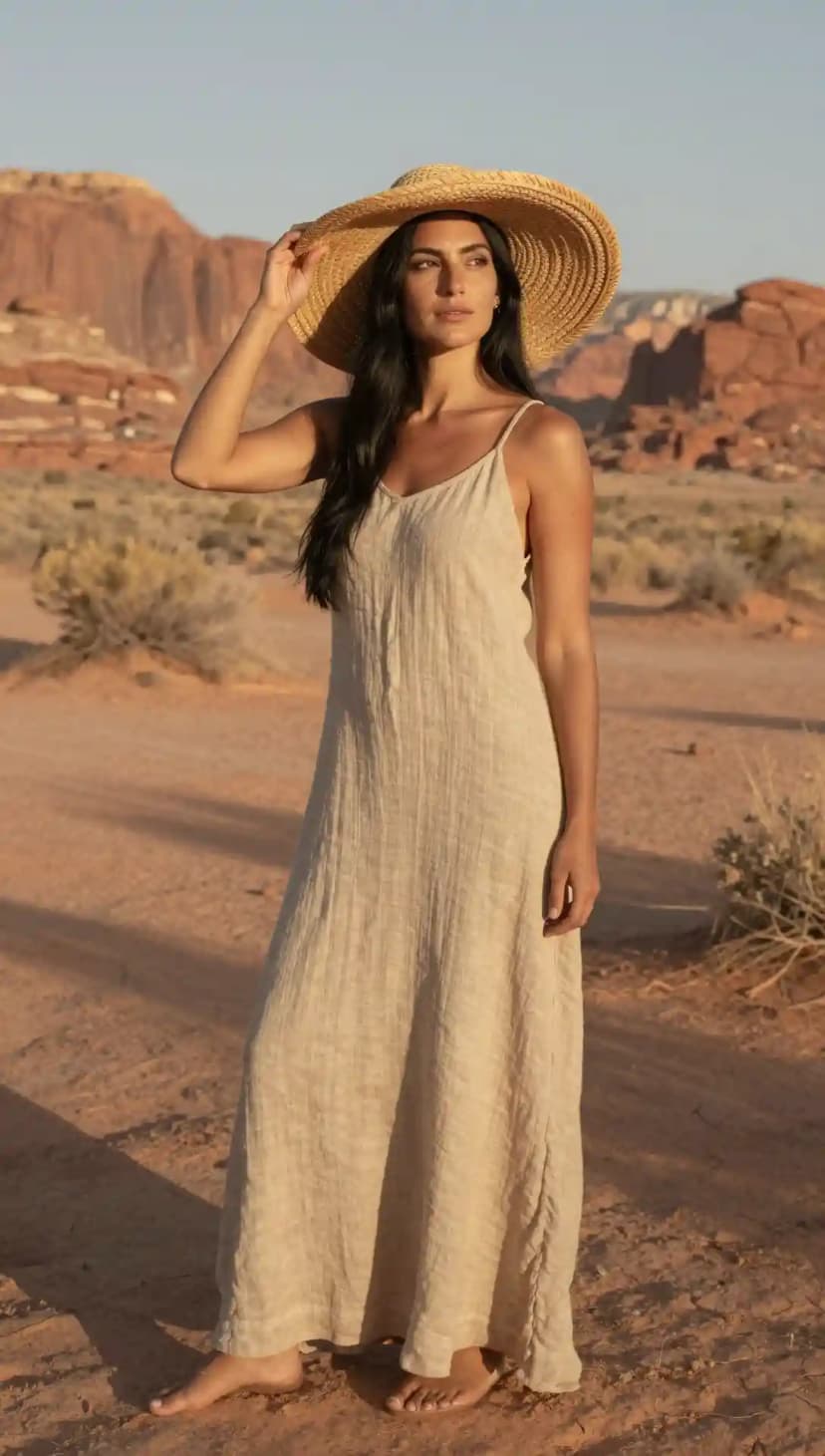 Beige Linen Maxi Dress + Straw Sun Hat