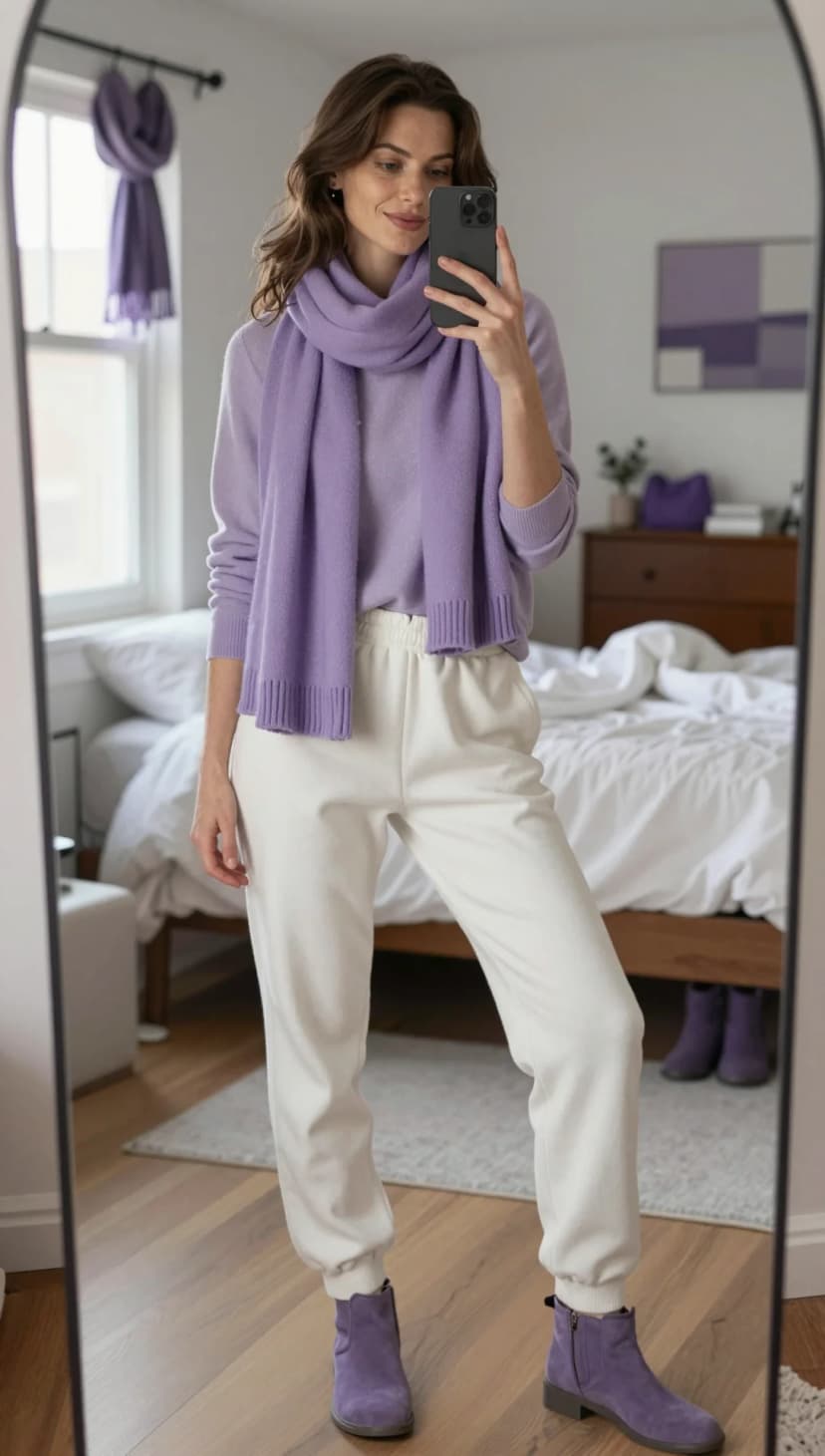 Cream Sweatpants + Cream Sweatshirt + Lavender Scarf + Taupe Suede Boots