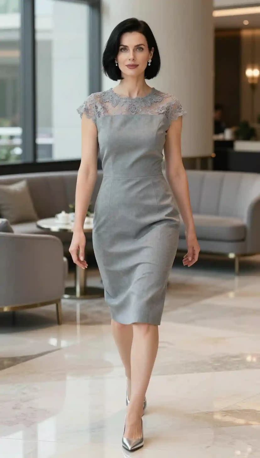 Grey Lace Trim Sheath Dress