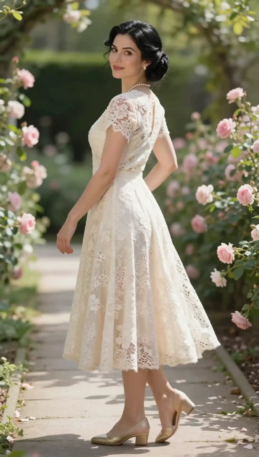 Cream Lace Midi Dress + Gold Block Heels