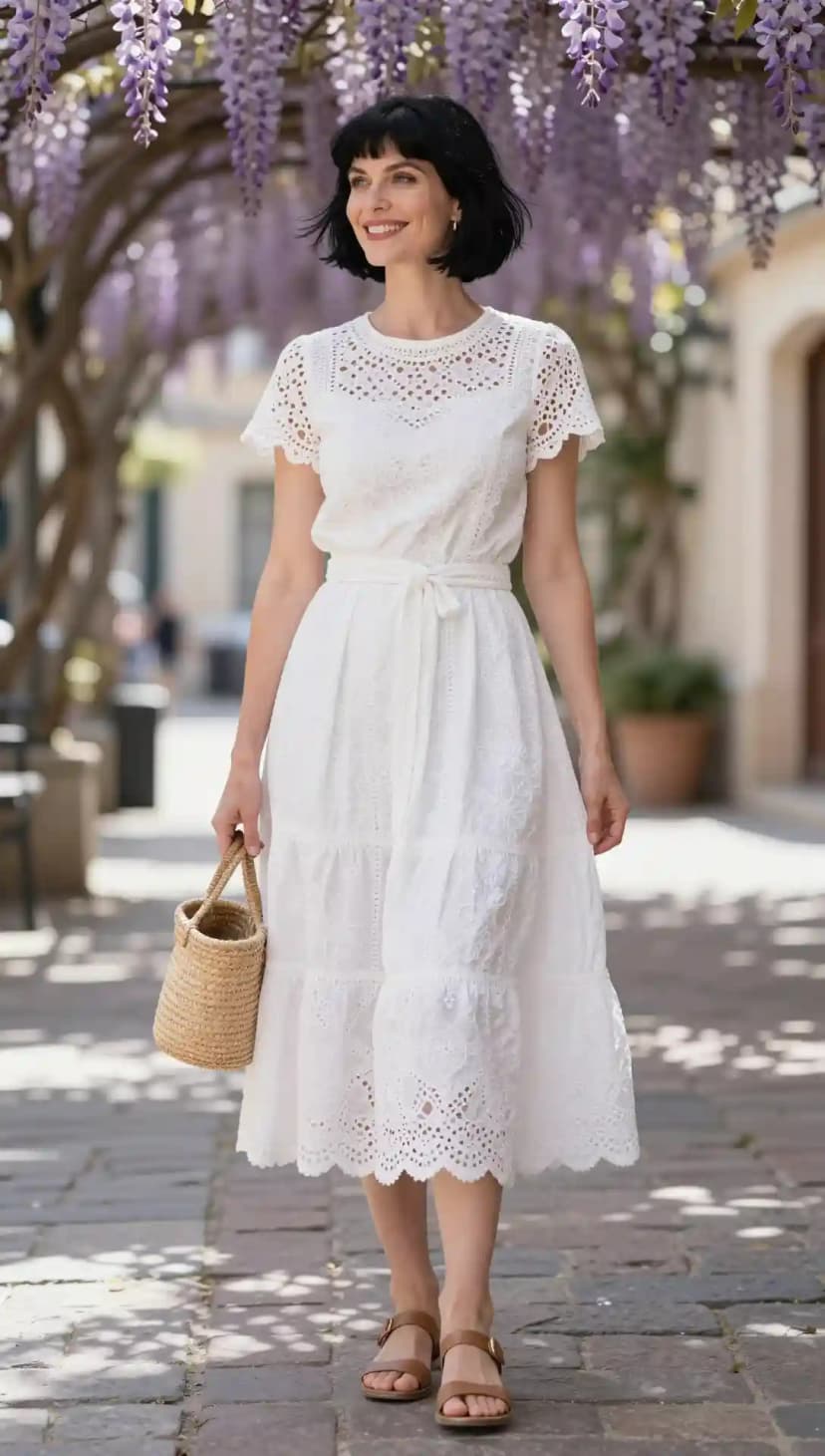 White Broderie Anglaise Midi Dress