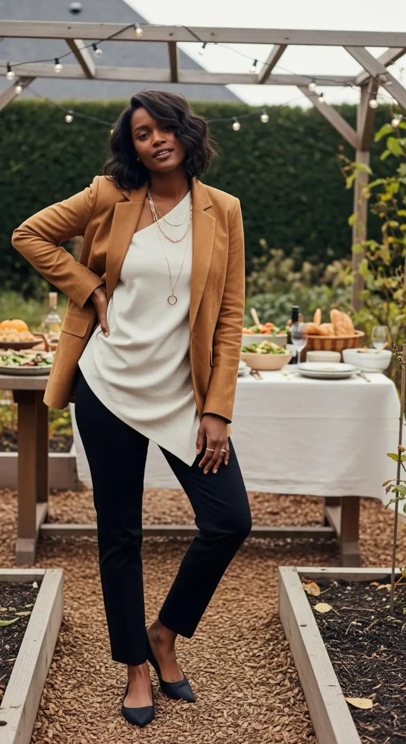White Tunic Top + Camel Blazer + Black Trousers + Black Heels