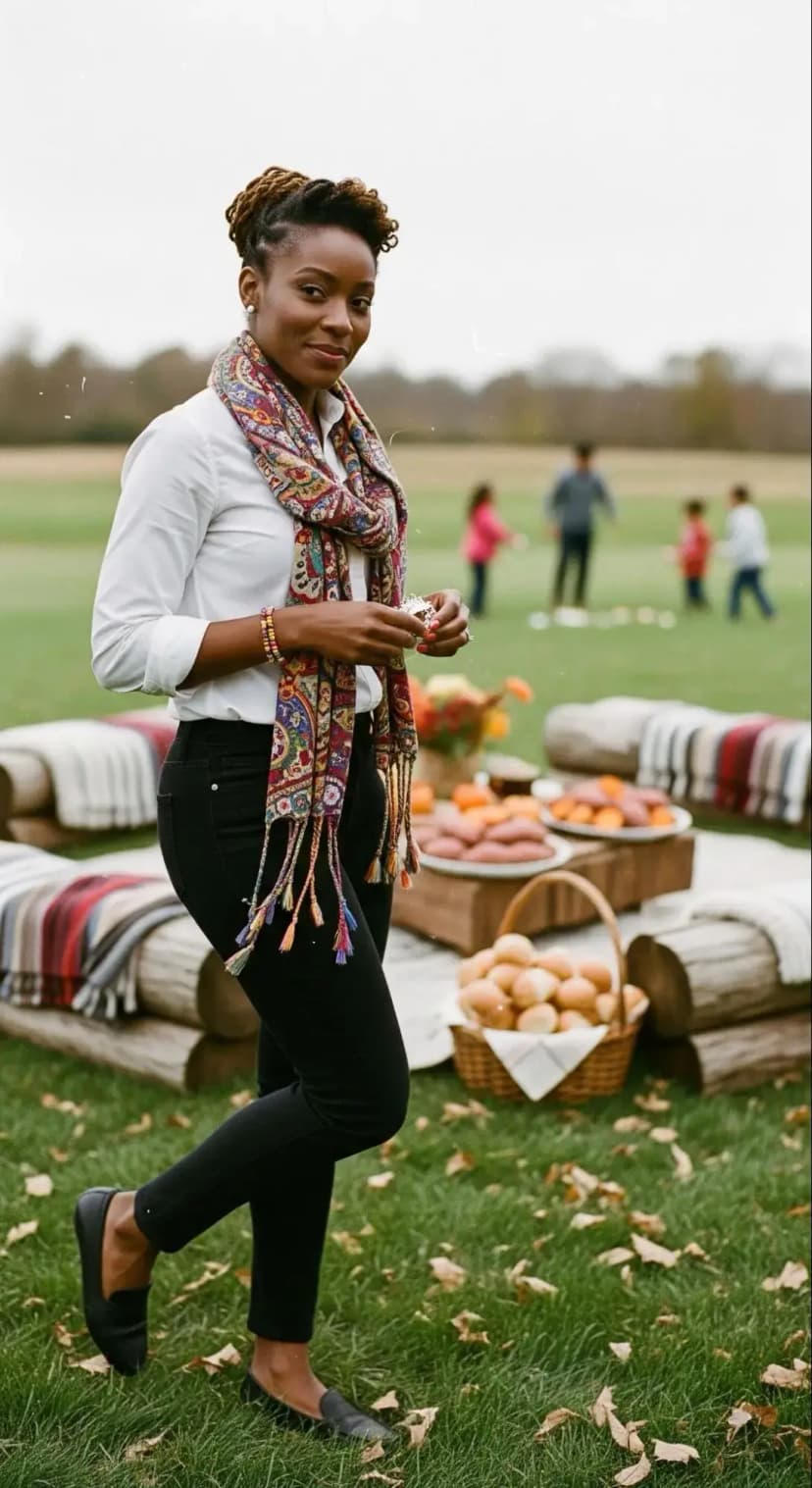 White Button-Up Shirt + Black Skinny Pants + Patterned Scarf + Loafers
