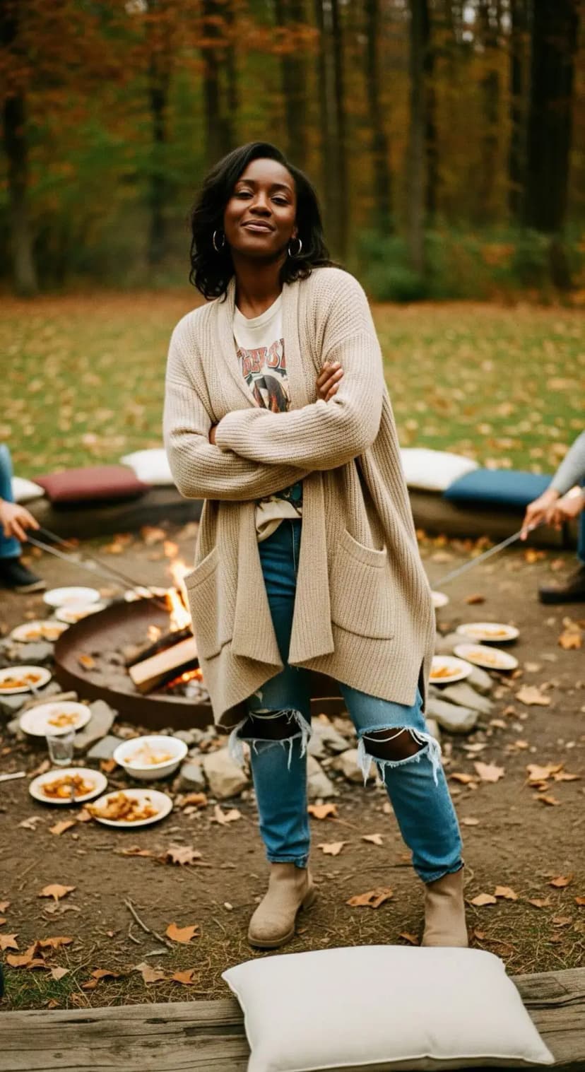Graphic Tee + Beige Cardigan + Ripped Blue Jeans + Beige Chelsea Boots