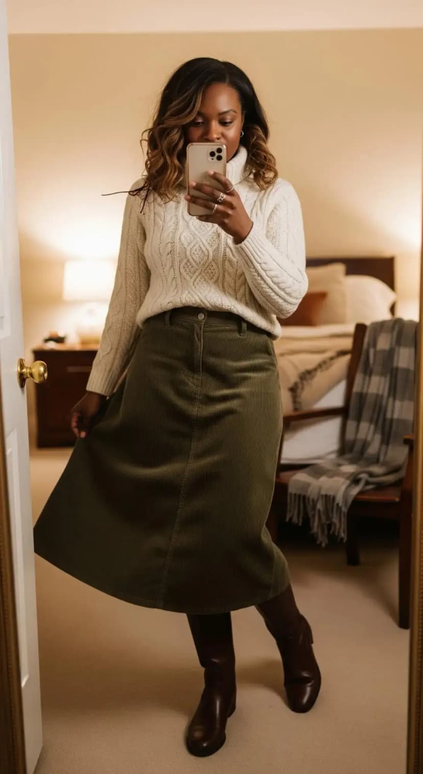 Cream Cable Knit Sweater + Olive Midi Skirt + Brown Boots