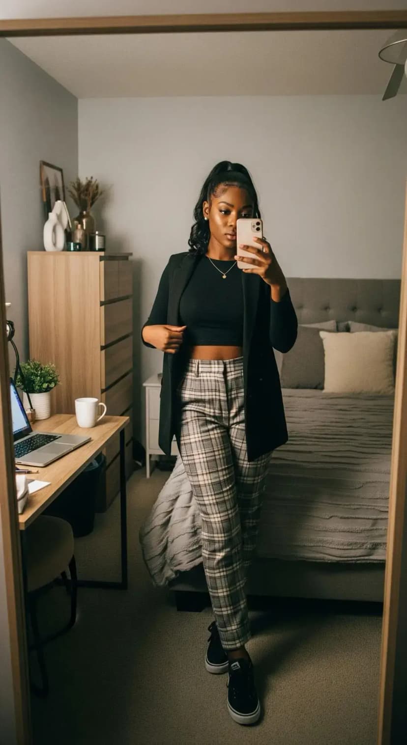 Black Crop Top + Plaid Pants + Black Blazer + Sneakers