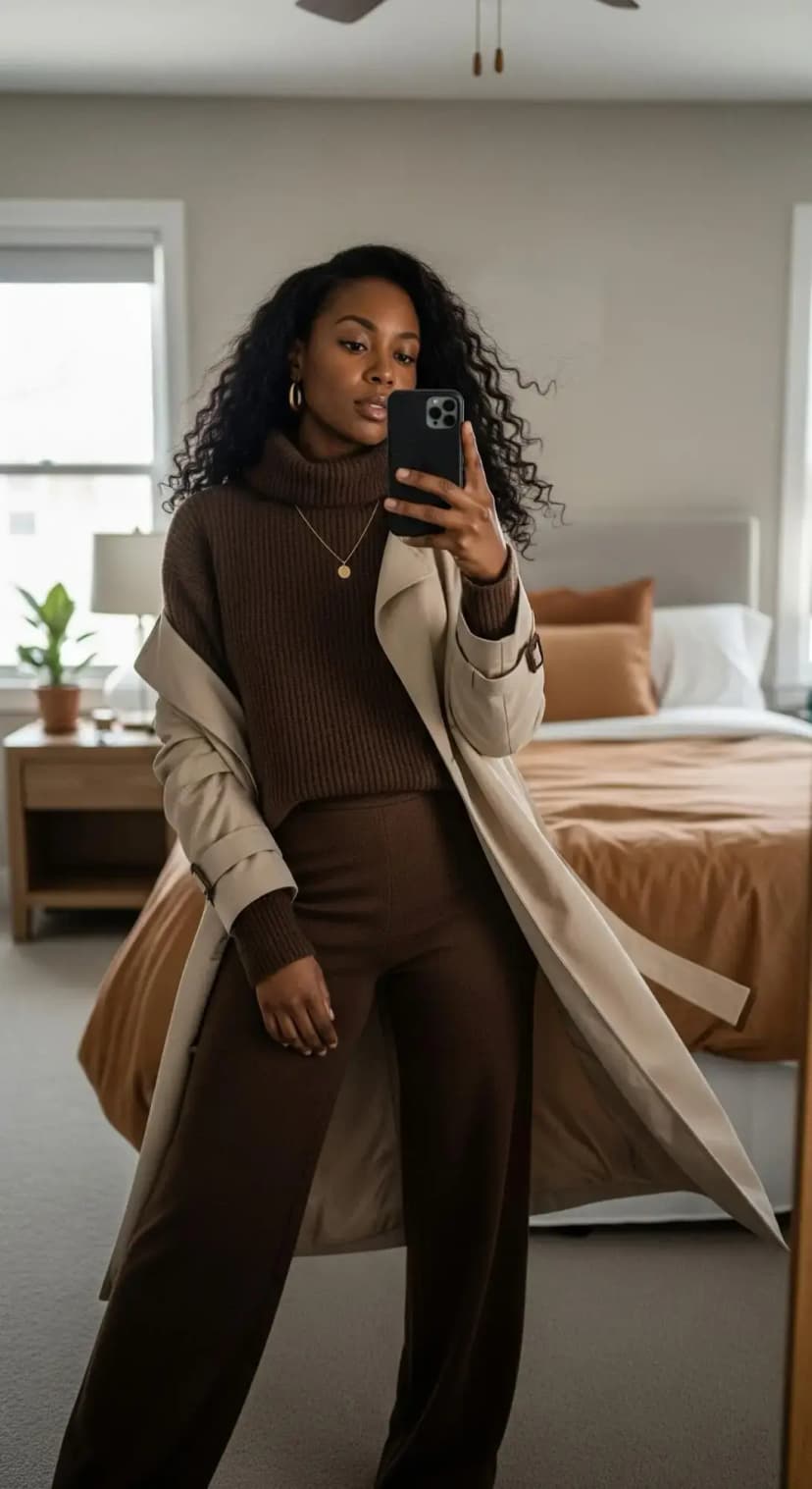 Brown Knit Turtleneck + Brown Trousers + Beige Trench Coat