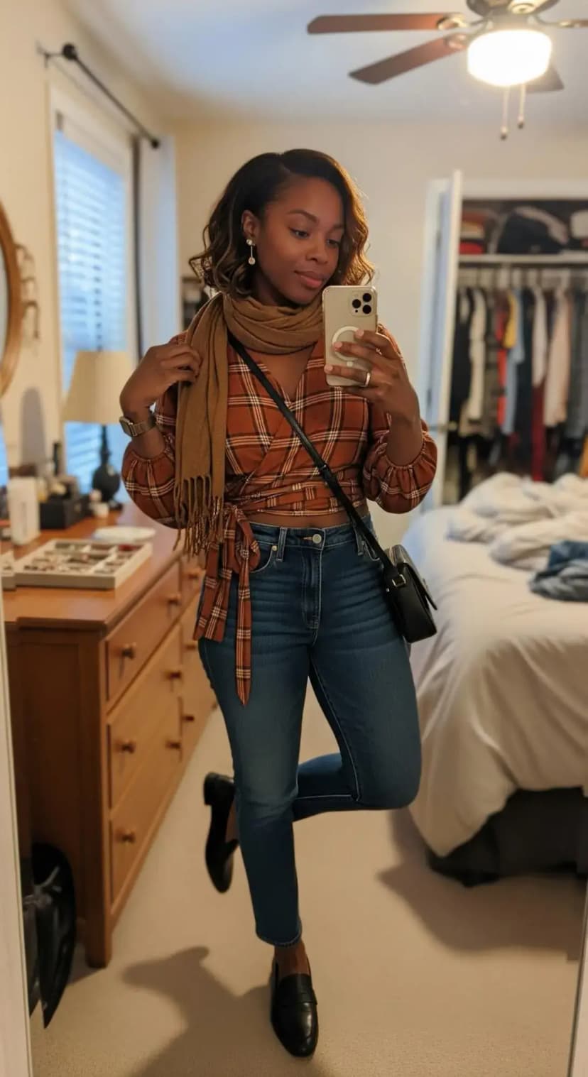 Brown Plaid Wrap Top + Blue Skinny Jeans + Loafers + Scarf
