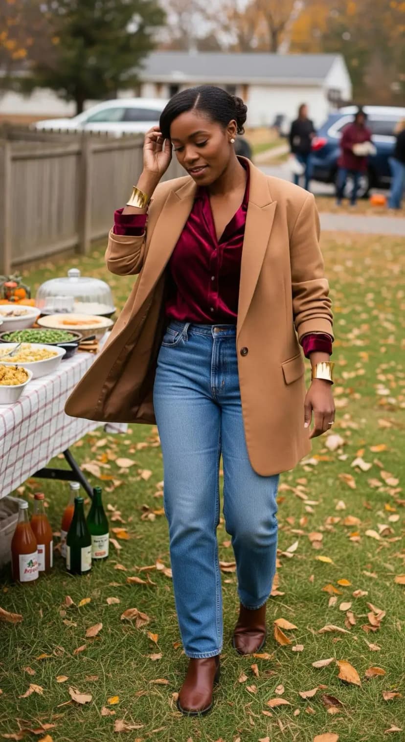 Red Velvet Blouse + Tan Blazer + Blue Jeans + Brown Boots