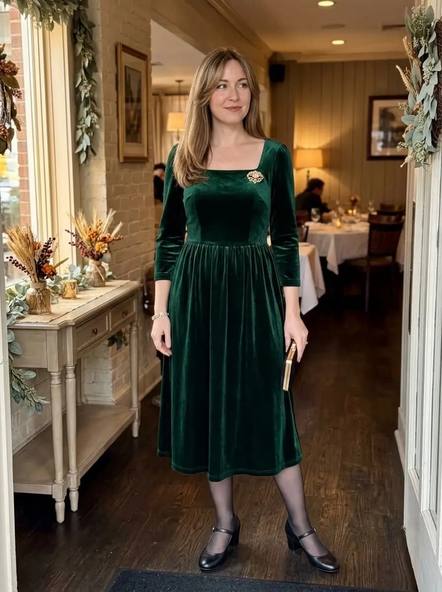 Emerald velvet square-neck midi dress with black sheer tights
