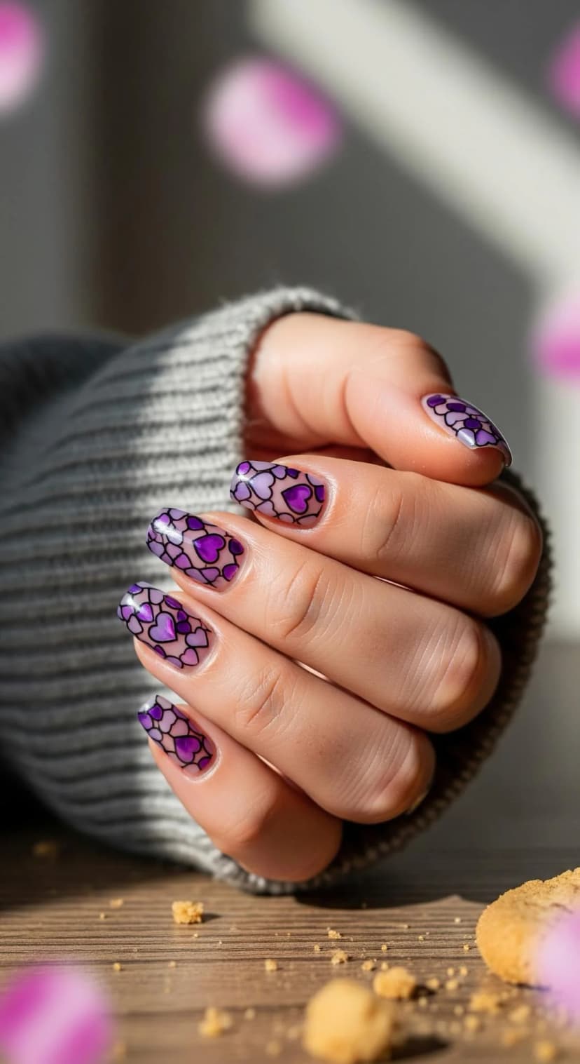 Purple Heart Print Nails