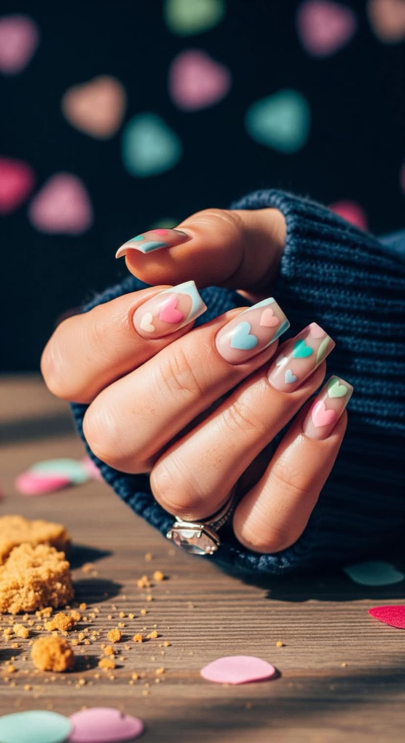 Nude Base + Pastel Hearts Nail Art