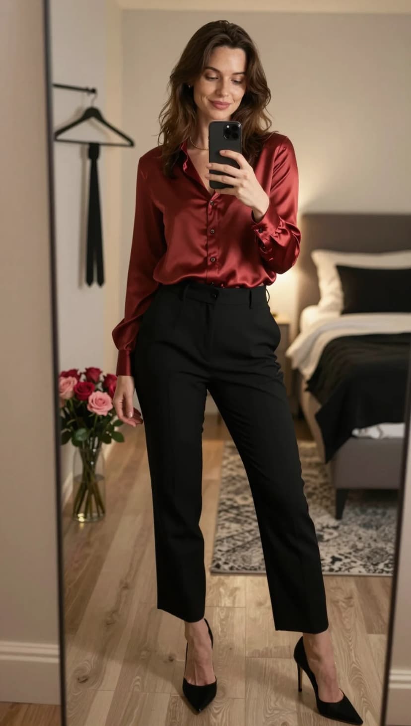 Pink Silk Button-Down + Black Tailored Trousers + Black Stiletto Heels
