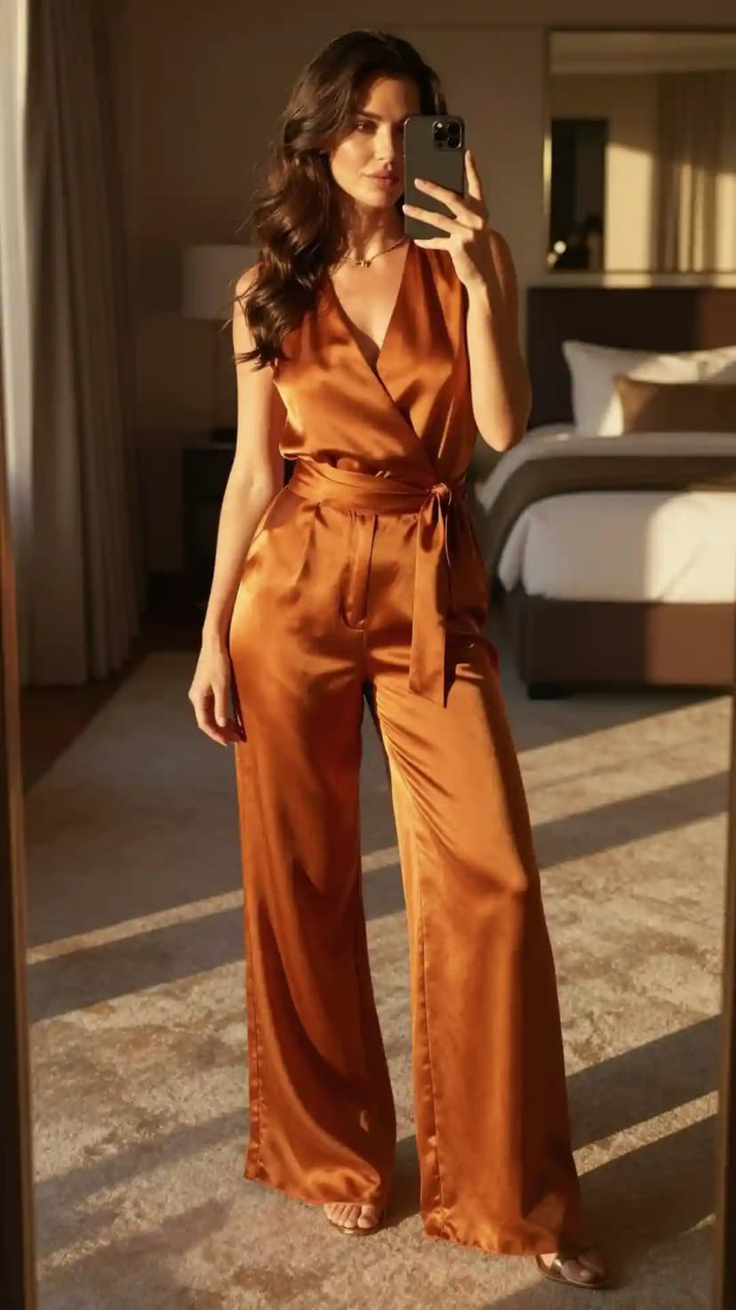 Orange Satin Wrap Jumpsuit