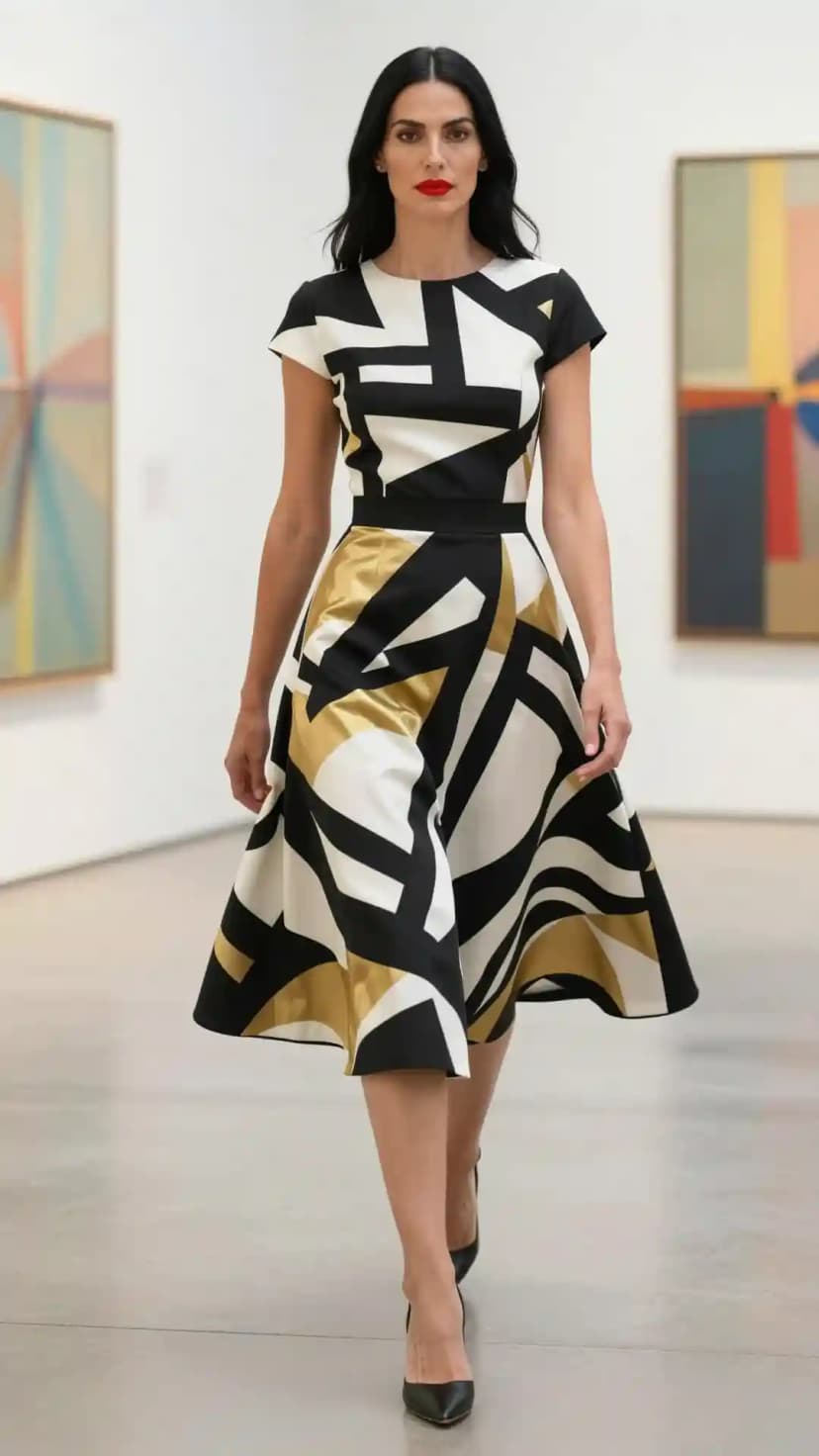 Black and White Geometric Print Cotton Dress
