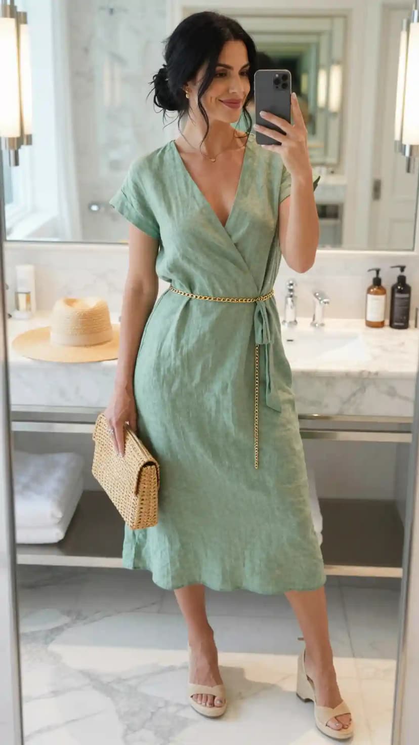 Sage Linen Wrap Midi Dress + Gold Chain Belt
