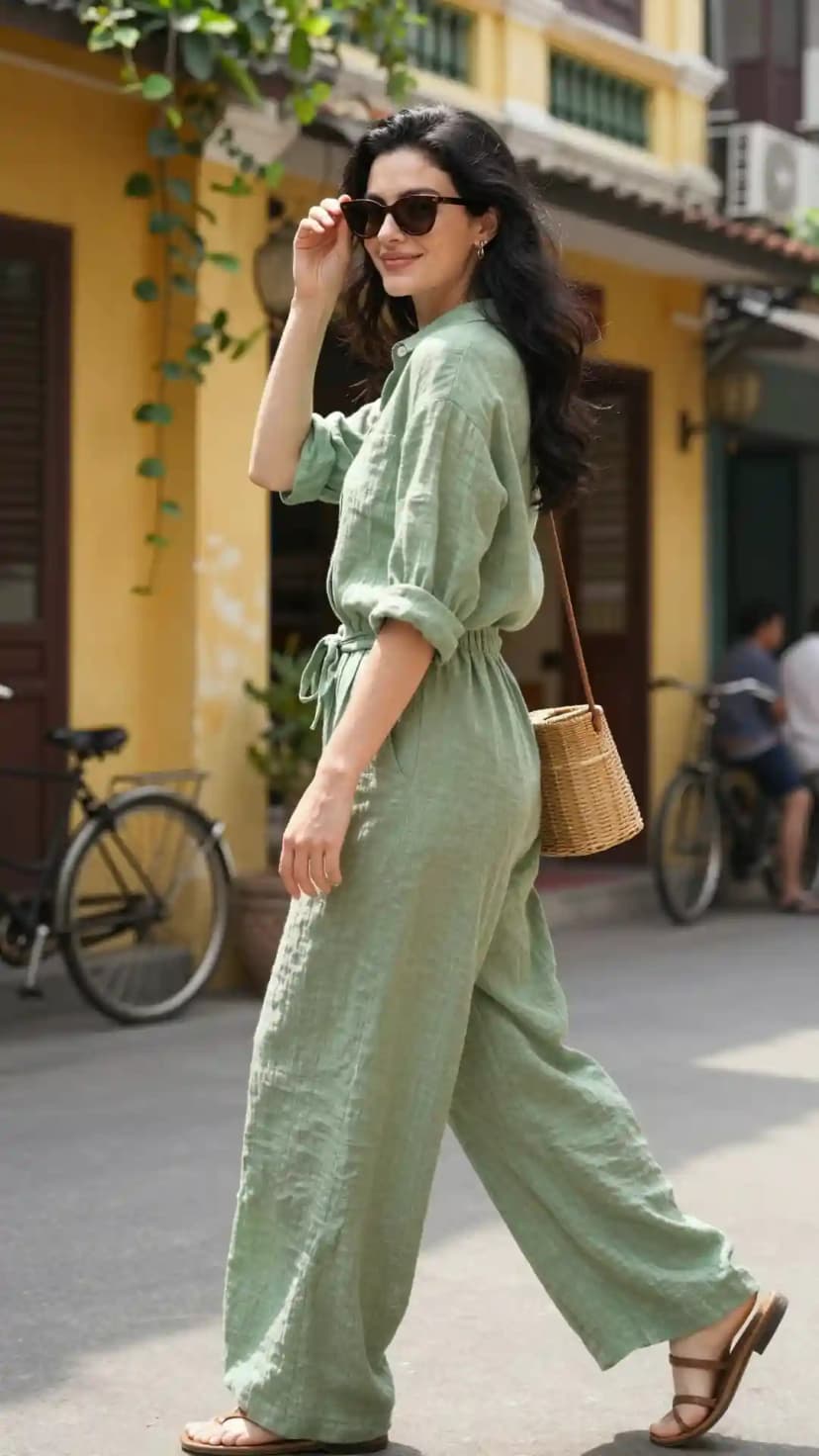 Mint Gauze Jumpsuit + Tan Leather Sandals
