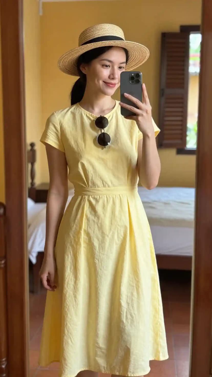 Yellow Cotton Midi Dress + Straw Hat