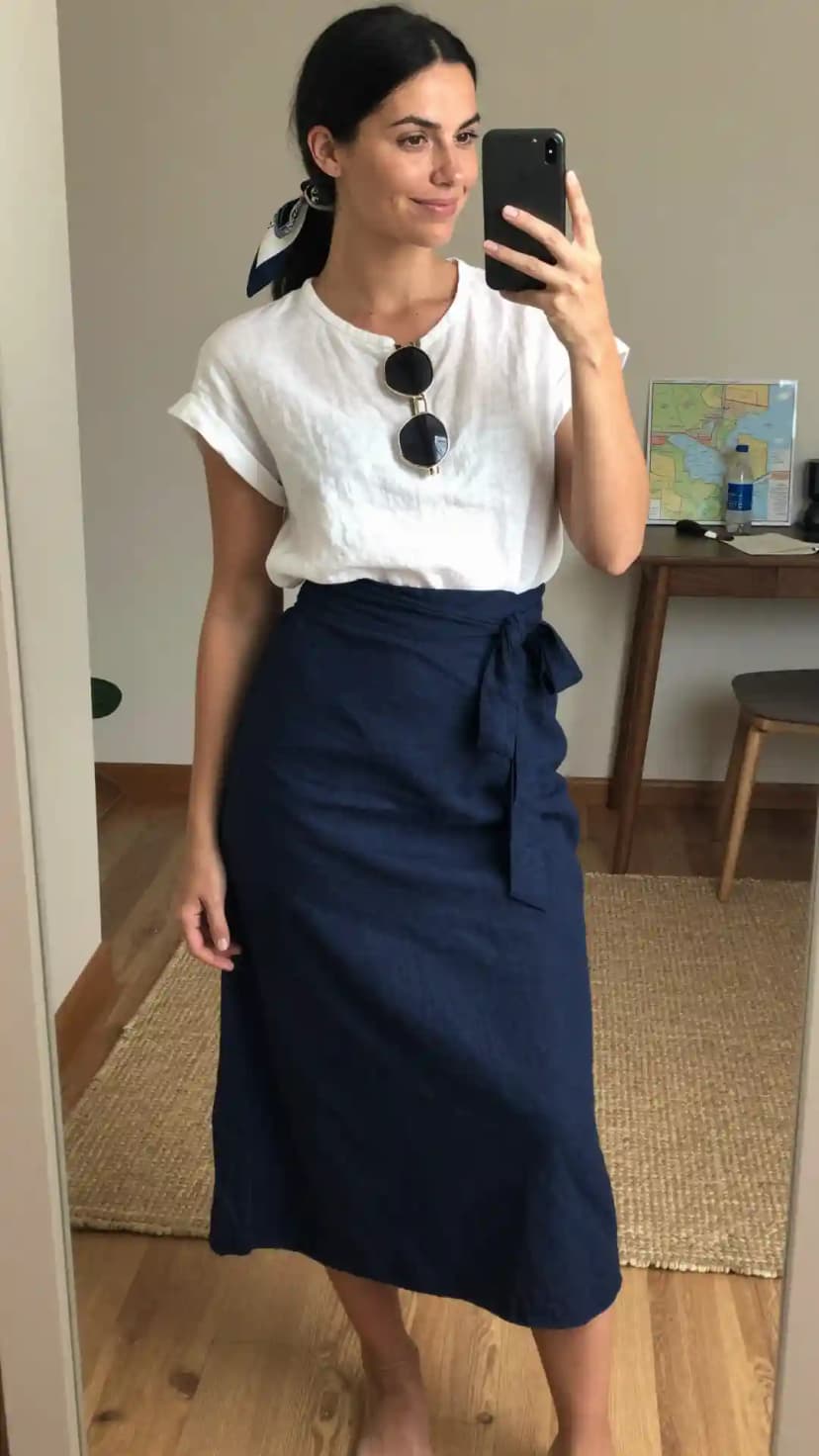 White Linen T-shirt + Navy Linen Wrap Skirt