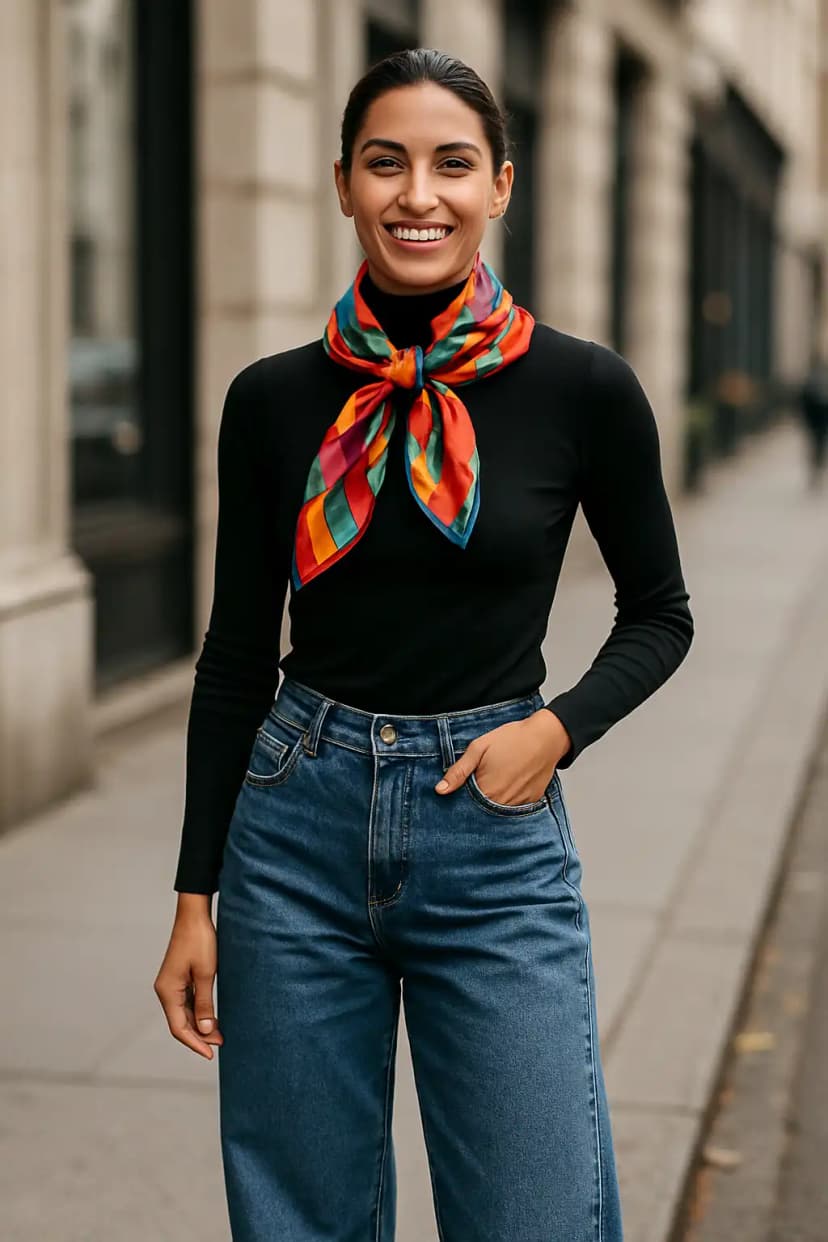 Barrel-Leg Jeans + Fitted Turtleneck + Silk Scarf
