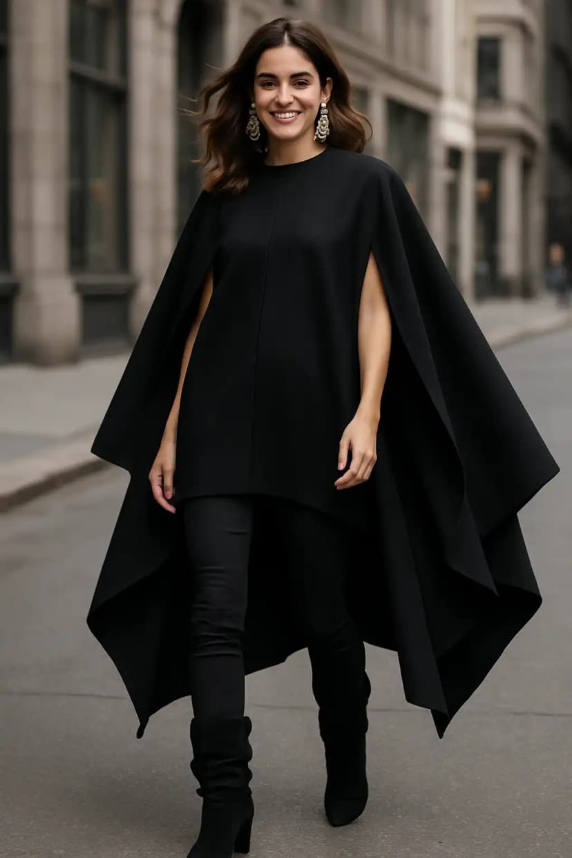 Black Cape + Skinny Pants + Slouchy Black Boots
