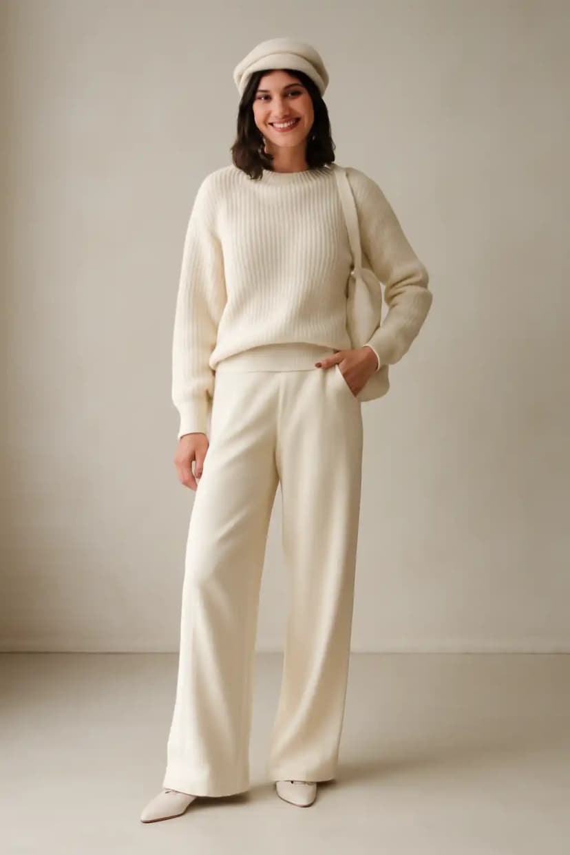 Monochrome Cream Look (Sweater + Wide Trousers + Accessories)