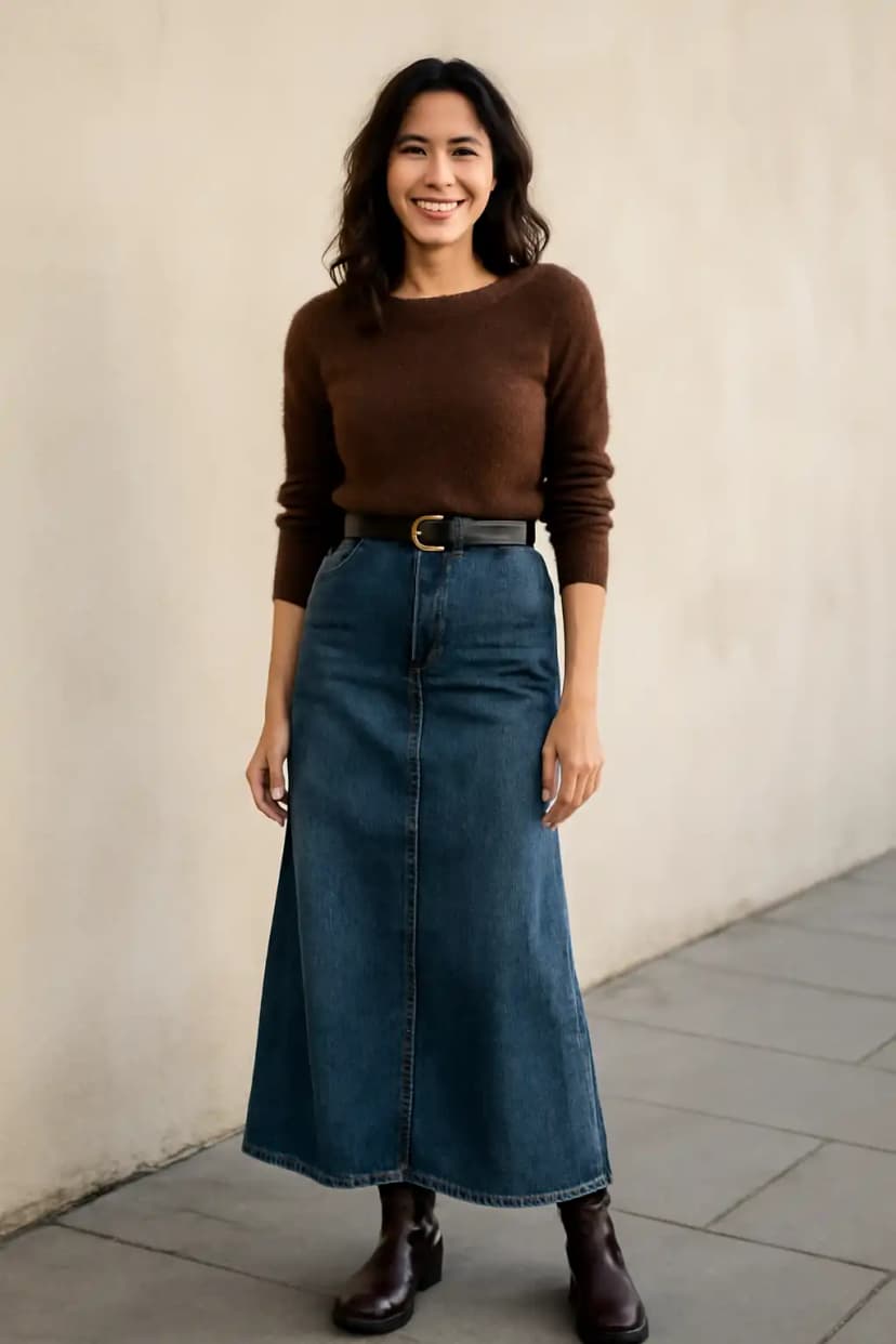 Denim Maxi Skirt + Fuzzy Sweater + Boots