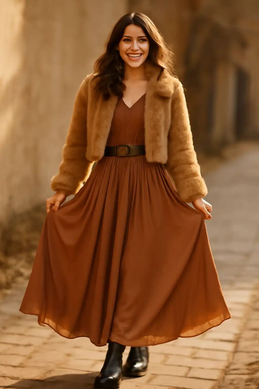 Boho Maxi Dress + Cropped Faux Fur Jacket + Platform Boots