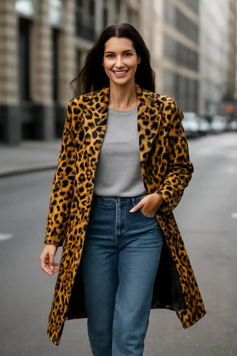 Leopard Print Coat + Basic Tee + Straight Jeans