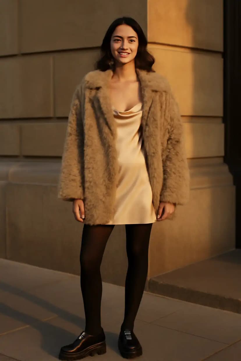 Fuzzy Faux Fur Coat + Slip Dress + Tights + Platform Loafers