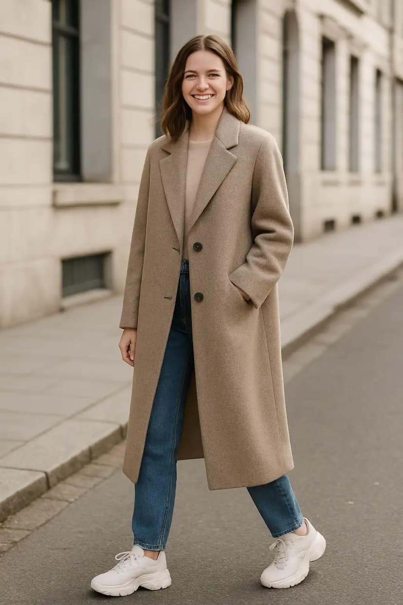 Oversized Wool Coat + Relaxed Jeans + Chunky Trainers