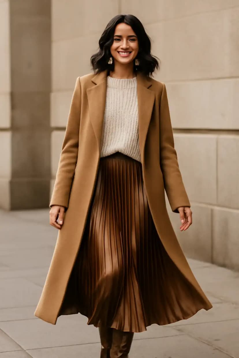 Pleated Skirt + Cream Knit + Coat + Tall Boots