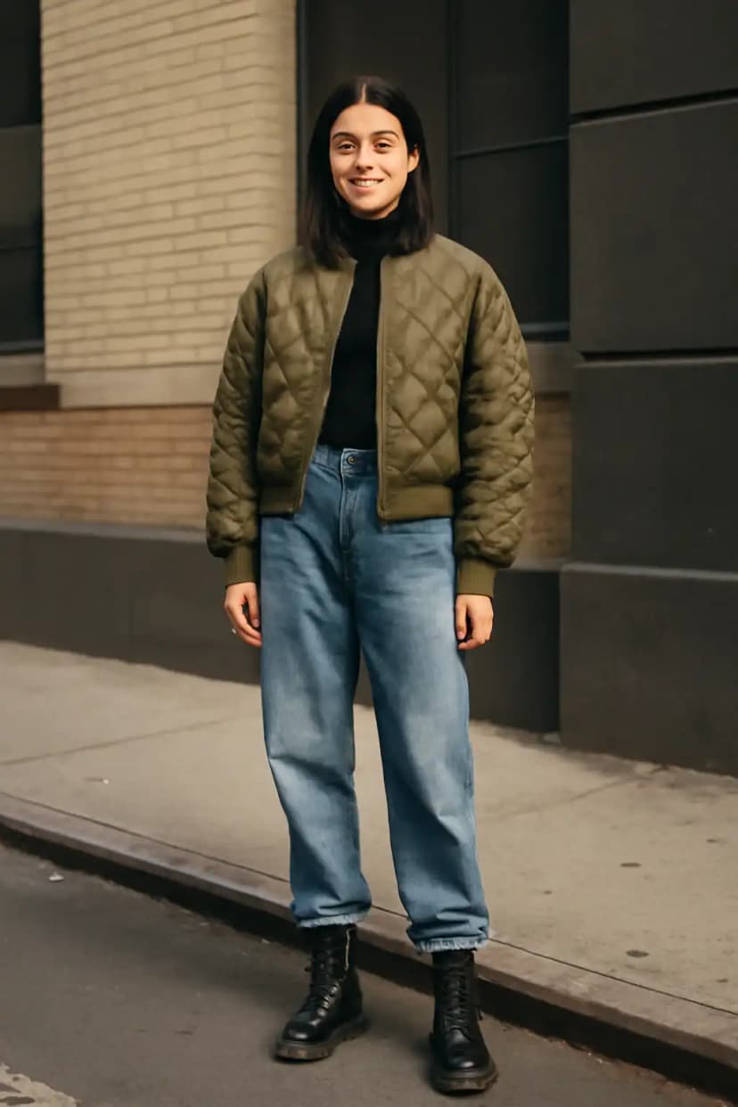 Quilted Bomber Jacket + Baggy Jeans + Combat Boots