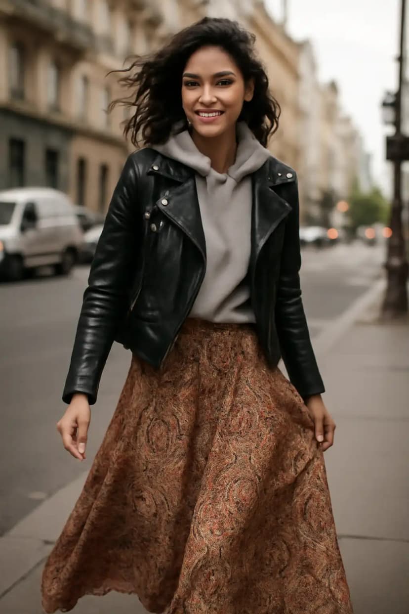 Hoodie + Patterned Maxi Skirt + Leather Jacket