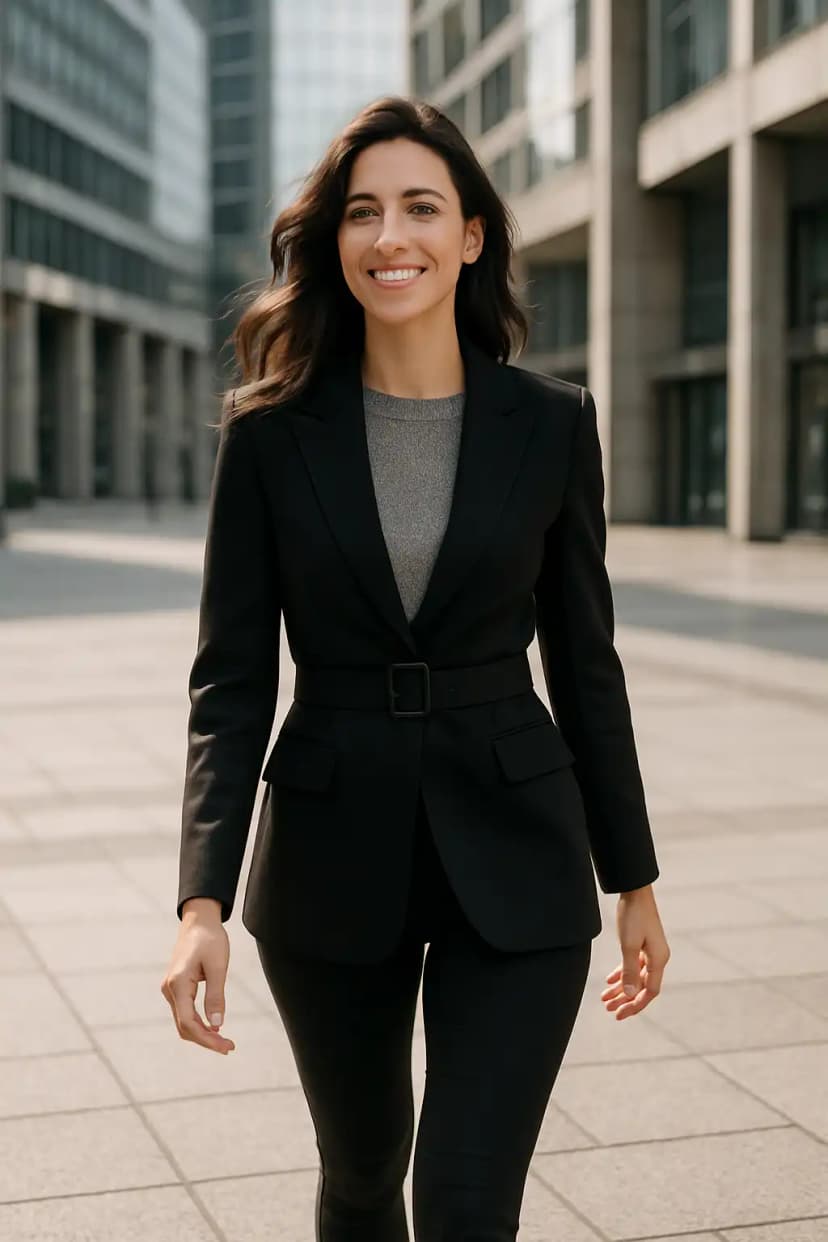 Black Blazer + Grey Top + Slim Black Pants