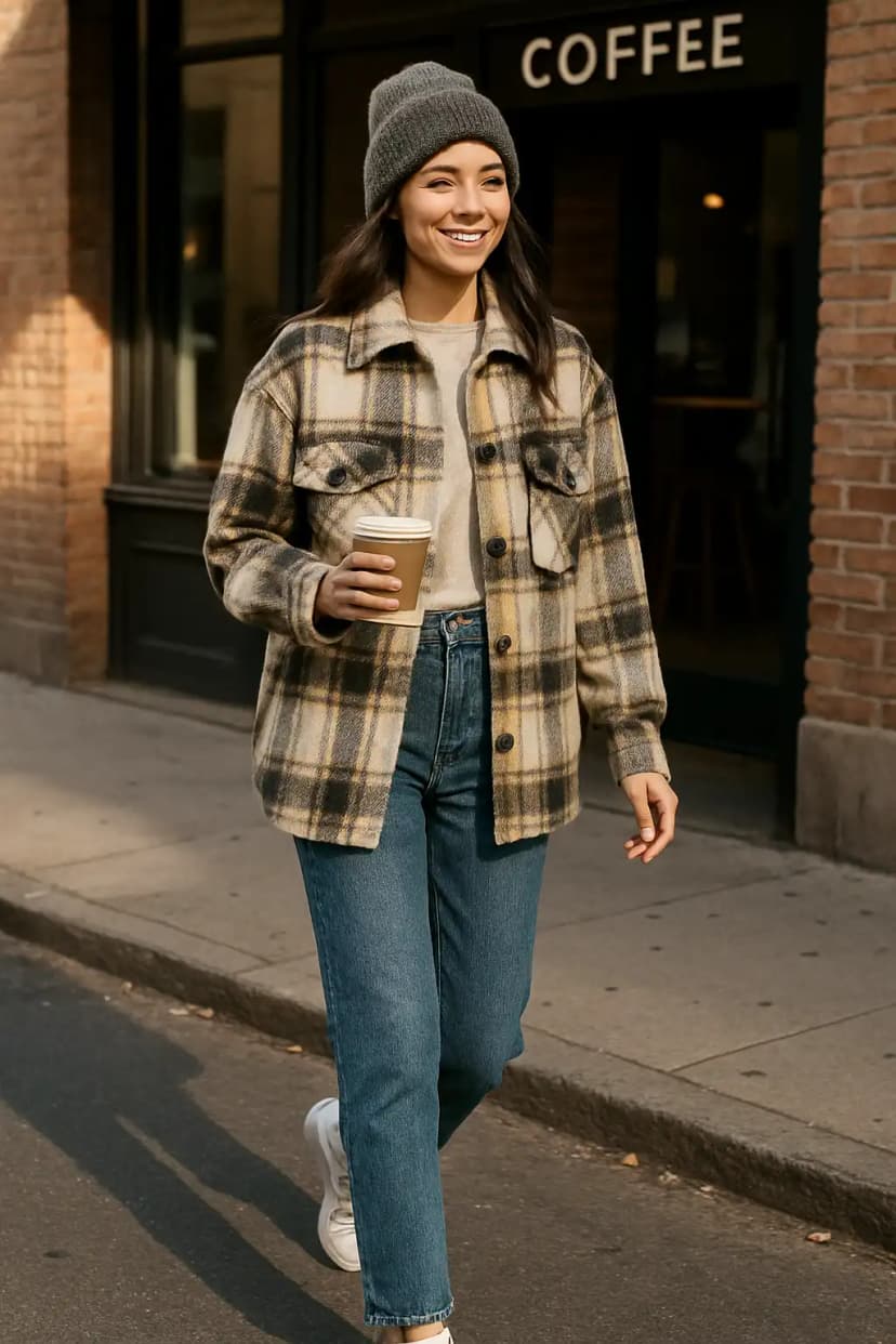 Plaid Shacket + Straight Jeans + Beanie