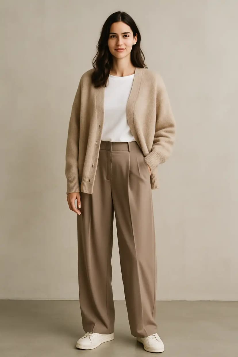 Oversized Cardigan + Wide Leg Trousers + Minimalist Sneakers
