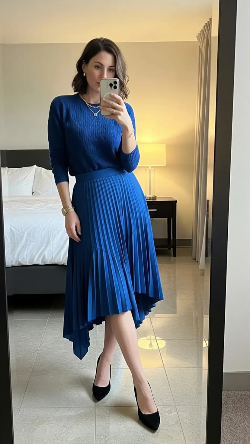Blue Sweater + Pleated Midi Skirt + Simple Gold Accents