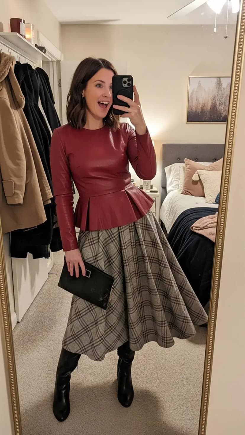 Burgundy faux-leather peplum top + grey plaid midi skirt + black knee-high boots + black clutch
