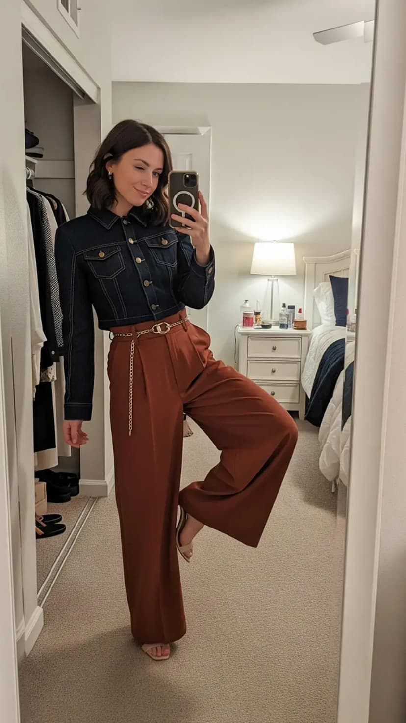Dark denim cropped jacket + rust wide-leg trousers + chain belt + nude heeled sandals