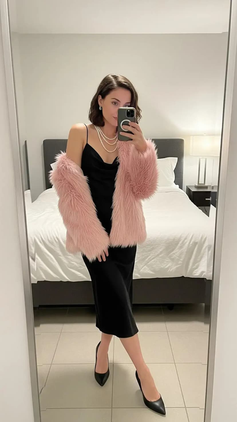 Black Slip Dress + Pink Faux Fur Jacket + Pearls